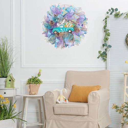 Easter Wreaths for Front Door with Lights,Easter Door Wreath,Easter Mesh Wreath,Bunny Spring Colorful Easter Decorations Holiday Ornament for Home Indoor Outdoor Supplies (Blue Car) - Image 5