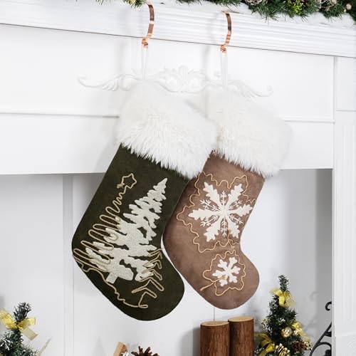 GEXWORLDWIDE GEX Christmas Stockings 2 Pack for Family Soft Suede with Rope Stitch Embroidery Large 20" Fluffy Faux Fur Rustic Farmhouse Country Stockings for Xmas Fireplace Decoration (Set of 2) - Image 2