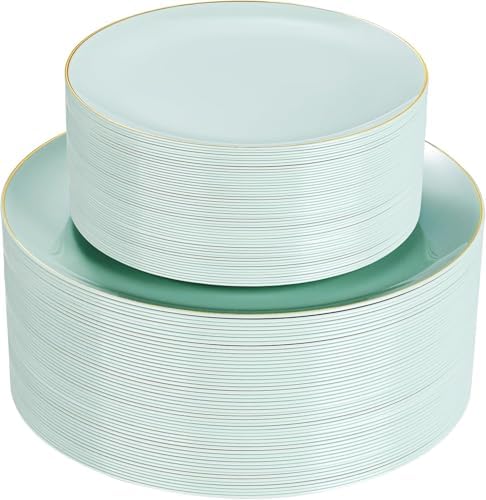 PULOTE 100PCS Sage Green Plastic Plates - Disposable Sage Green Include 50 Dinner / 50 Dessert Plates for Party, Wedding&Easter by PULOTEpartywareWesupplyproductsandyouenjoylife
