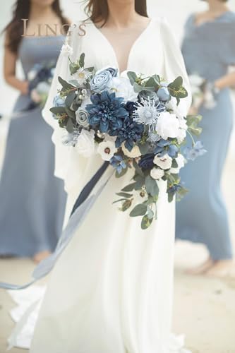 Ling's moment Artificial Wedding Flowers Combo, Dusty Blue & Navy, Grand - Image 4