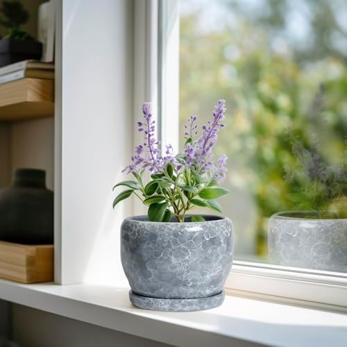 SQOWL 6 Inch Plant pots Indoor - Ceramic Planter with Drainage Hole and Saucer, Ceramic Flower Pot Outdoor, Decorative Round Planter, Home Decor Living Room, Gifts for Plant Lovers, Gray - Image 2