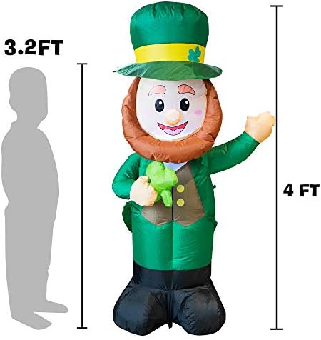 FUNPENY 4 Feet Inflatable St Patrick's Day Decoration, Blow Up Leprechaun with Green Hat and Lucky Clover in Hand for Indoor Outdoor Lawn Yard - Image 4