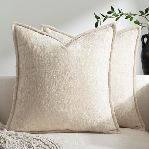 DEZENE Pack of 2 Beige Decorative Throw Pillow Covers 24x24 Cozy Soft Chenille Accent Vintage Square Couch Pillow Covers for Home Decor Bed Sofa Living Room by DEZENE