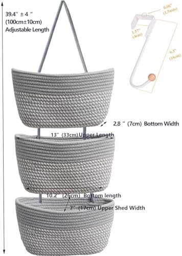 Over the Door Hanging Basket for Organizing 3 Tiers Woven Cotton Rope Wall Mount Storage basket Decorative Kitchen Hanging Organizer Bathroom include 1 door hook GrayStripe - Image 3