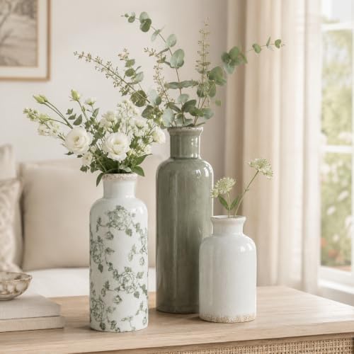 Green Vintage Vase Set of 3, Flower Decorative Vase Home Decor Retro Floral Vase Ceramic Vase Set Chinoiserie Decor for Fireplace Kitchen Counter Living Room (Vintage-Geen) - Image 5