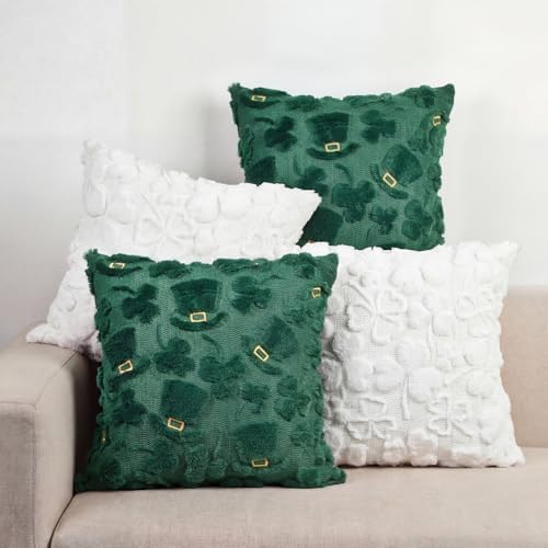Tiamon 4 Pcs St. Patrick's Day Throw Pillow Covers 18 x 18 Inch 3D Embroidered Plush Green Shamrock Pillow Cases Lucky Clover Fluffy Faux Fur Cushion Covers for Spring Holiday Home Bed Sofa Couch by Tiamon