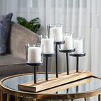 Decorative Votive Candle Holder Centerpiece, 5 Glass Cups on Wood Base - Image 5