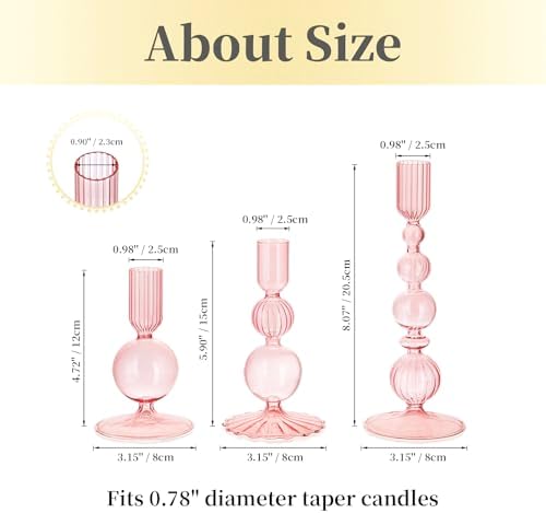 Hewory Glass Candlestick Holders Set: 3PCS Pink Candle Holder Taper Candle Holders Bulk, Crystal Ribbed Candle Sticks Holder Decor for Table Centerpiece Wedding Christmas Thanksgiving Dinner - Image 6