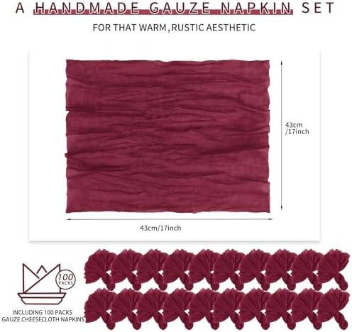 100 Pieces Cloth Napkins Burgundy Dinner Cheesecloth Napkins for Wedding,Wrinkled Cloth Napkins Bulk for Home Party Rustic Table Decoration, 17 x 17 Inch - Image 2