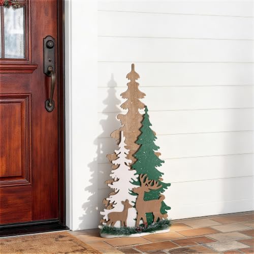 Glitzhome 35.5"H Wooden Christmas Tree Porch Sign,Standing Porch Decor with Reindeer and Pinecone,Merry Christmas Welcome Sign for Holiday Front Porch Outdoor Decorations - Image 4