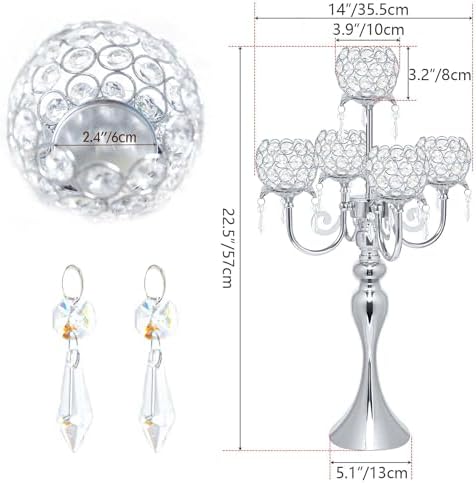 5 Arm Crystal Strap Pendant Silver Table Decor Candelabra Set of 2, 22.5 inches Elegant Dining Room Centerpieces for Holiday Parties Weddings - Image 2