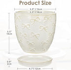 Hollyone 6 Inch White Ceramic Planter Flower Plant Pot with Drainage Hole and Saucer for Plants Embossed Indoor Outdoor Garden Embossed Ceramic Glazed Round Pot for Succulent Orchid Bow Pattern - Image 2