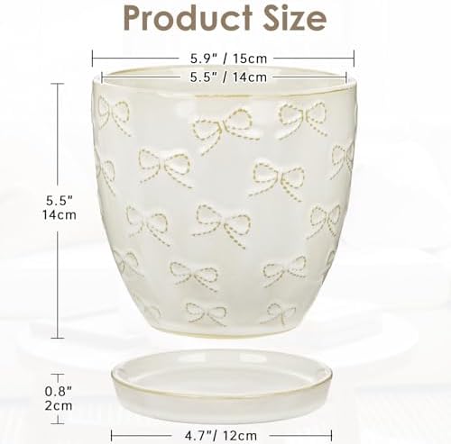 Hollyone 6 Inch White Ceramic Planter Flower Plant Pot with Drainage Hole and Saucer for Plants Embossed Indoor Outdoor Garden Embossed Ceramic Glazed Round Pot for Succulent Orchid Bow Pattern - Image 2