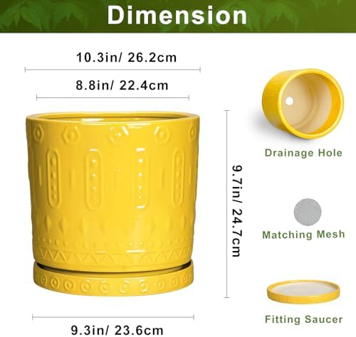 Eightpot Ceramic Pots for Plants, 10 Inch Plant Pot with Drainage Holes and Tray, Round Planter for Indoor Outdoor Plants, Modern Decorative Flower Pots, Office Decor, Birthday Gift for Women, Yellow - Image 2