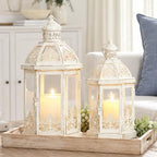 Lanterns Decorative Outdoor&Indoor, Set of 2 (15"&11") Beige Metal Lantern Decor with Glass, Candle Holder for Porch, Patio, Garden, Fall, Wedding, Christmas, Table Centerpiece by NEEDOMO-LightUpYourSpace