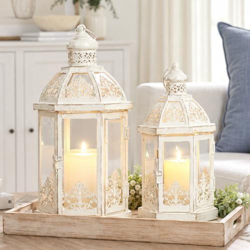 Lanterns Decorative Outdoor&Indoor, Set of 2 (15"&11") Beige Metal Lantern Decor with Glass, Candle Holder for Porch, Patio, Garden, Fall, Wedding, Christmas, Table Centerpiece by NEEDOMO-LightUpYourSpace