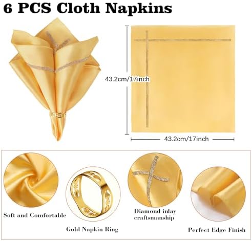 VIJIV 12 Pack Bling Satin Cloth Napkins & Gold Napkin Rings Set of 6 Gold - Image 3
