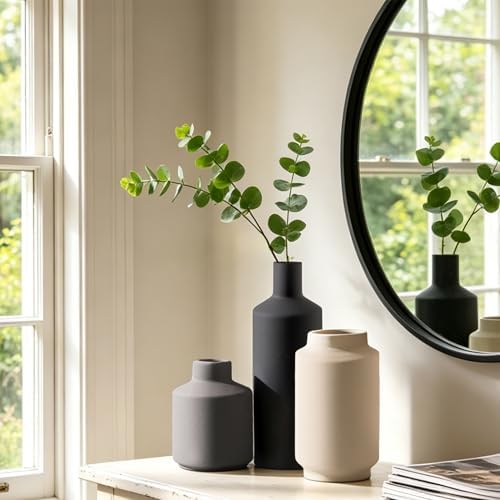 Ceramic Vase Set of 3, Modern Decorative Vases for Home Decor, Small Flower Pottery Vase Sets, Boho Farmhouse Rustic Vases for Living Room, Kitchen, Bedroom, Bathroom, Shelf, Table - Image 4