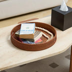 13.8 inch Round Rattan Tray, Decorative Coffee Table Tray, Ottoman Trays, Woven Serving Trays with Handles Wicker Serving Basket, Reddish-Brown - Image 2