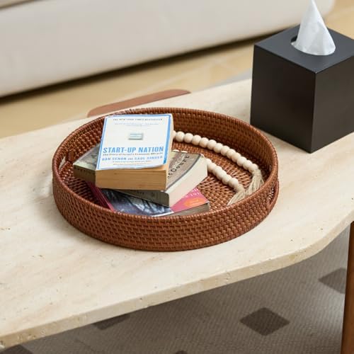 13.8 inch Round Rattan Tray, Decorative Coffee Table Tray, Ottoman Trays, Woven Serving Trays with Handles Wicker Serving Basket, Reddish-Brown - Image 2