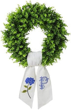 Boxwood Wreath for Front Door Spring Summer Wreaths for Farmhouse,Last Name Initial Year Round Porch Decor,20 inch Geen Door Wreath with Personalized Monogram sash Embroidered Hydrangea and Letter- P - Image 2