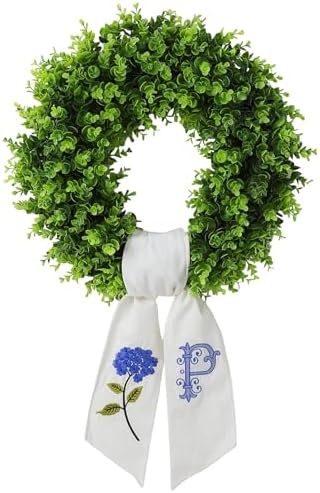 Boxwood Wreath for Front Door Spring Summer Wreaths for Farmhouse,Last Name Initial Year Round Porch Decor,20 inch Geen Door Wreath with Personalized Monogram sash Embroidered Hydrangea and Letter- P - Image 2