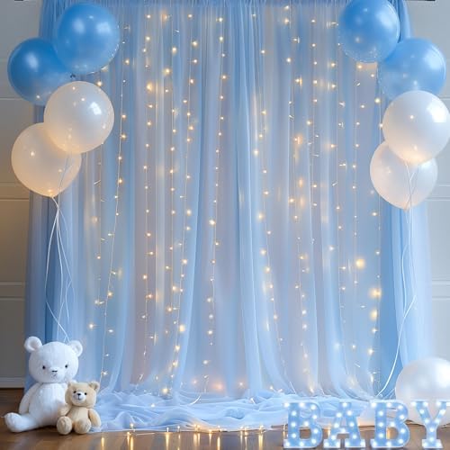 20x10ft Baby Blue Tulle Backdrop Curtain with Lights String for Parites, Sheer Backdrop Curtains for Wedding Baby Shower Birthday Party Photo Shoot Decorations - Image 7