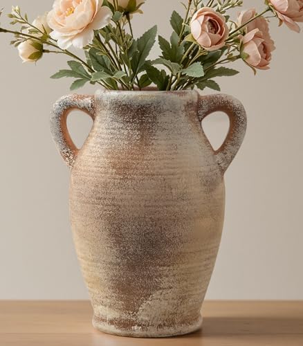 Ceramic Flower Vase, 8.3" Rustic Farmhouse Table Vase, Low Profile Decorative Pottery Vase for Fresh Flowers, Faux Stems, Coffee Table, Kitchen, Bathroom and Shelf Decor by Unknown