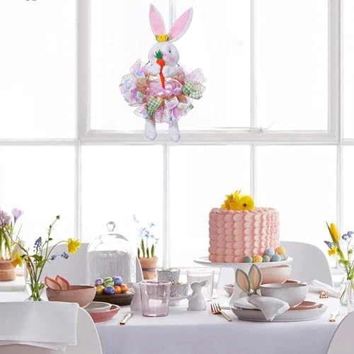 Easter Wreaths for Front Door with Lights,Easter Door Wreath,Easter Mesh Wreath,Bunny Spring Colorful Easter Decorations Holiday Ornament for Home Indoor Outdoor Supplies (Pink Bunny) - Image 2