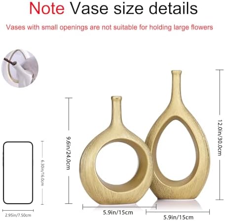 LCCCK Matte Gold Ceramic Vase Set of 2 - Ribbed Hollow Aesthetic Decorative Vase, Modern Farmhouse Table Centerpiece, Boho Gold Vases for Flower Decor and Home Living - Image 2