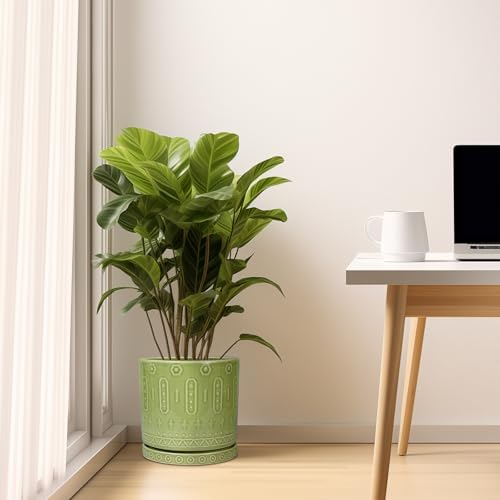 Eightpot Ceramic Pot for Plants - 10 Inch Indoor Plant Pots with Drainage Holes and Saucer, Boho Round Planter Outdoor, Decorative Large Planter for Flower, Living Room Decor, Garden Gifts, Green - Image 6