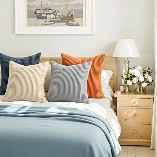 Topfinel Decorative Velvet Pillow Covers Blue and Yellow 18x18 Boho Nordic Couch Throw Pillow Covers for Bed Pack of 4 Corduroy Accent Modern Pillowcase Sofa Livingroom Home Decor - Image 3