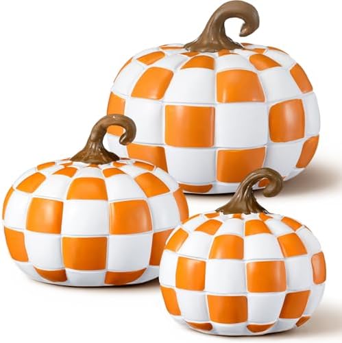 Weysat 3 Pcs Orange and White Fall Pumpkins Resin Checkered Decor by Weysat