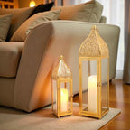 TRIROCKS 2-Pack Moroccan Candle Lanterns 22'' H Metal Candle Holder with Tempered Glass for Wedding Patio Farmhouse Ramadan Christmas Home Decor (Gold) - Image 4