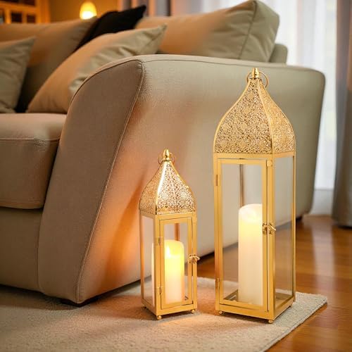 TRIROCKS 2-Pack Moroccan Candle Lanterns 22'' H Metal Candle Holder with Tempered Glass for Wedding Patio Farmhouse Ramadan Christmas Home Decor (Gold) - Image 4