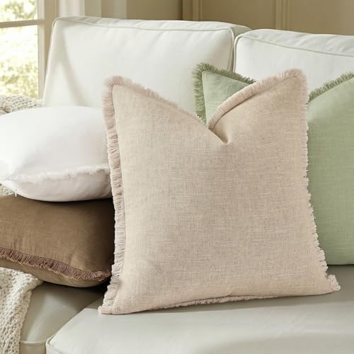 decorUhome Linen Fringe Natural Beige Throw Pillow Covers 20x20 Set of 2 - Image 4