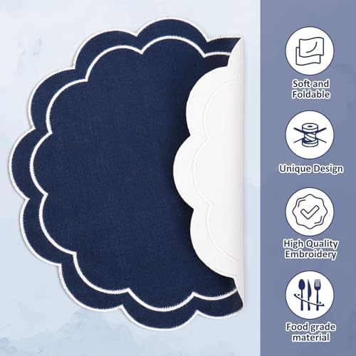 Whaline Dark Blue Linen Placemats Embroidered Round Scalloped Kitchen Table Mats for Party Home Dining Table Decor, Set of 6, 15 x 15 in - Image 3