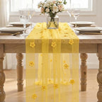 Artoid Mode Yellow Flower Pearl Yellow Gauze Table Runner 10FT 3PC, Seasonal Sheer Dining Holiday Wedding Birthday Baby Shower Table Decor for Home Party - Image 2