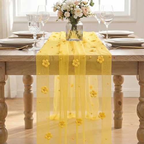 Artoid Mode Yellow Flower Pearl Yellow Gauze Table Runner 10FT 3PC, Seasonal Sheer Dining Holiday Wedding Birthday Baby Shower Table Decor for Home Party - Image 2