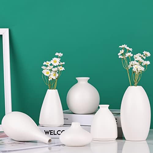 Set of 6 Matte White Small Vases for Flowers, Ceramic Bud Vase Bulk Boho Centerpieces for Tables, Mini Short Vase Modern Bulk Wedding Centerpieces Ikebana Vases for Bridal Shower/House Warming Gift - Image 3