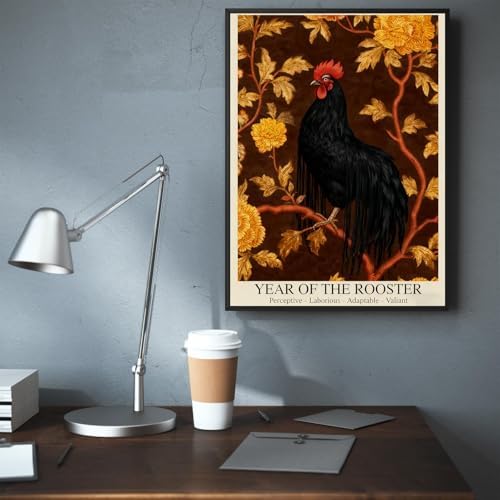 Elegant Chinese Lunar Year of the Rooster Art Print – Golden Chrysanthemum Zodiac Wall Decor for Home Bathroom Living Room Kitchen – Aesthetic Family Wall Decor Prints 12X18 in Wrapped Framed - Image 6