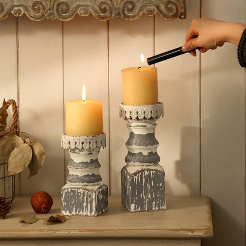 NIKKY HOME Rustic Wooden Pillar Candle Holders Set of 2, Shabby Chic Decor - Image 3