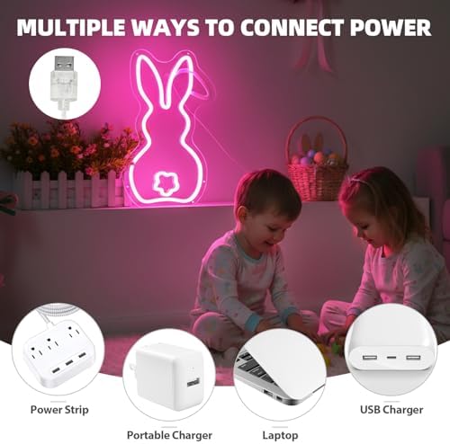 Easter Bunny Neon Sign, Pink Rabbit LED Neon Light for Easter Decor, Cute Bunny Wall Sign for Kids Room, Easter Party, Spring Home Decoration, Window & Nursery Decor 14 * 8.2in - Image 5