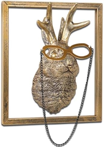 Newinhome Animal Heads Wall Decor (Includes Metal Frame) Resin Animals Sculptures Head Wall Hanging Decoration Gold vintage Wall Sculpture for Living Room Bedroom Office(Jackalope) by Newinhome