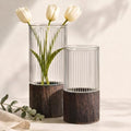 Ribbed Glass Flower Vase Set of 2 with Dark Wood Bases, 10 and 8 Inch Tall by Unknown