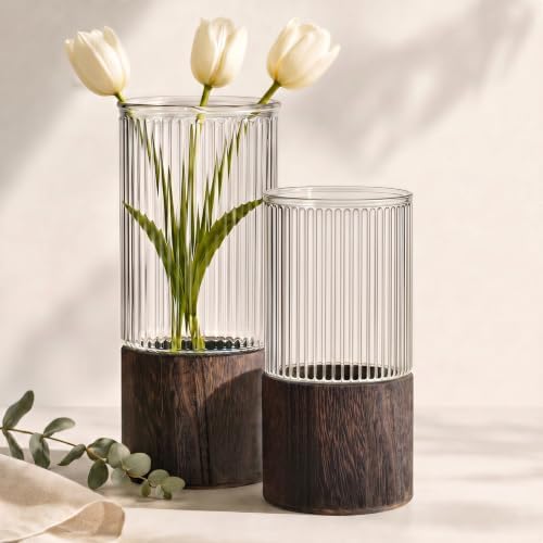 Ribbed Glass Flower Vase Set of 2 with Dark Wood Bases, 10 and 8 Inch Tall by Unknown