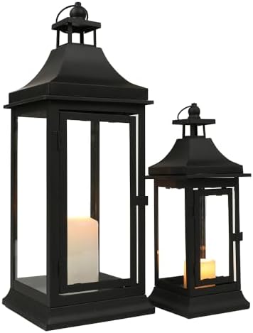 JHY DESIGN Set of 2 13''&19.5''Tall Outdoor Candle Lanterns Vintage Hanging Tower Lantern Metal Candle Holder for Garden Living Room Indoor Outdoor Parties Weddings Balcony(Black) - Image 6