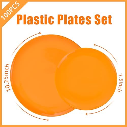 PULOTE 100PCS Orange Plastic Plates - Premium Hard Orange Disposable Include 50 Each(10.25 Inch Dinner & 7.5 Inch Dessert) Plates, Ideal for Party - Image 2