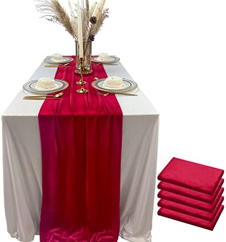Luxurious Velvet Table Runner, 10ft Wedding Reception Decorations, 20x120inch Soft Velvet Fabric, Table Linen Overlay, Wedding Table Runners (Red, 20X120inch, 5pack) by EHLDekol