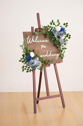 2pcs Blue & Grey Deluxe Welcome Sign Artificial Flowers Wedding Backdrop Garland Hanging Floral Arrangements for Ceremony Reception Entryway Board Sweetheart Table - Image 2